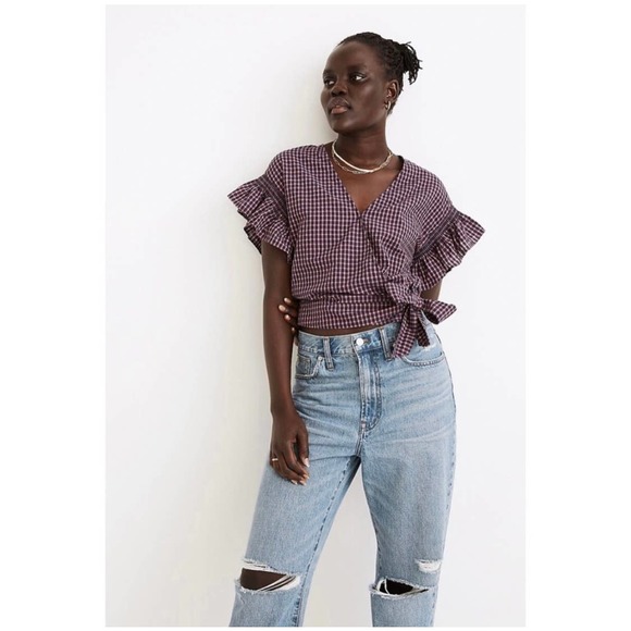 Madewell Dresses & Skirts - Madewell flutter sleeve side tie wrap plaid top Size XL in burnished rose